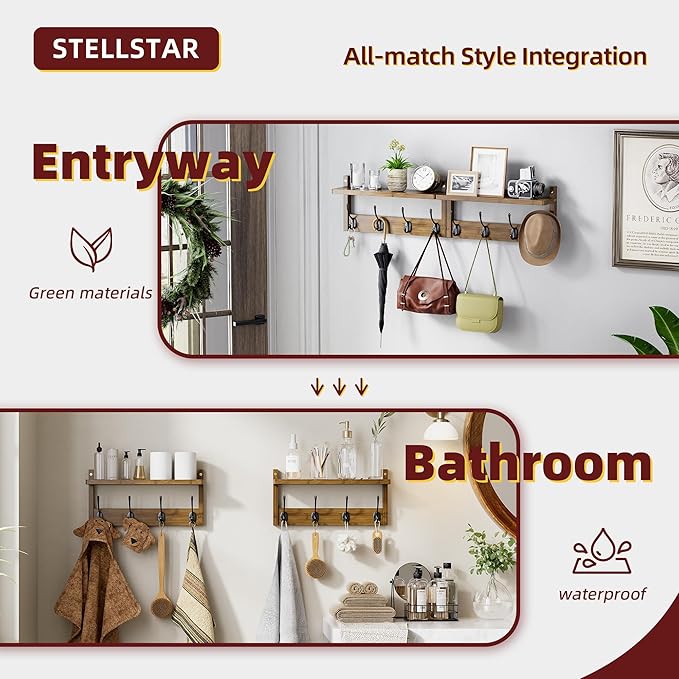 Coat Rack with Shelf Wall Mount, Entryway Bamboo Hanging Shelf, Set of 2, Wall Hook Rail for Hallway Décor, Storage Clothe, Hat, Robe, Key, Dog Leash (Walnut)