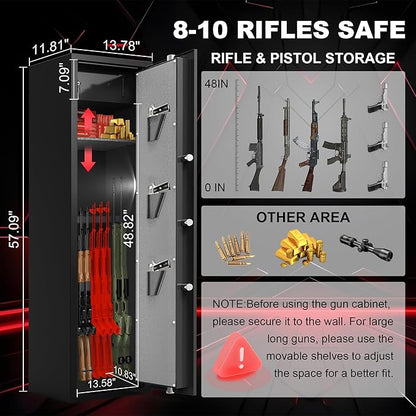 8-12 Gun Cabinet, Gun Safe for Rifles and Pistols, Electronic Rifle Safes for Home, Long Gun Cabinet for Shotgun, Large Gun Locker with Adjustable Shelf, Dual Alarm & Mute System, Quick Access