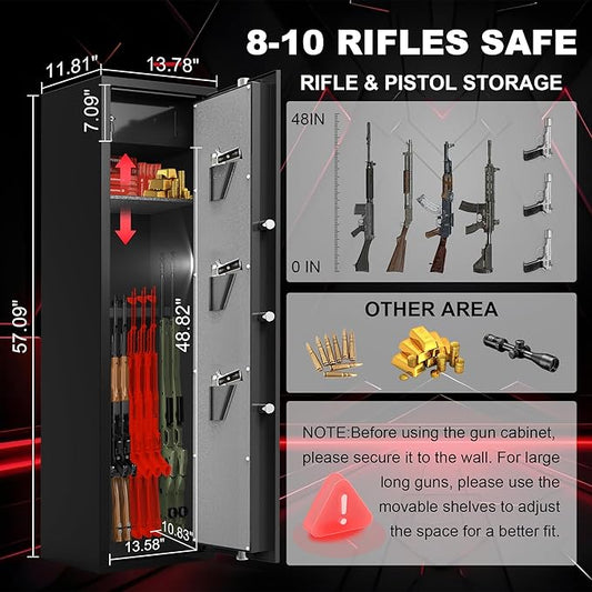8-12 Gun Cabinet, Gun Safe for Rifles and Pistols, Electronic Rifle Safes for Home, Long Gun Cabinet for Shotgun, Large Gun Locker with Adjustable Shelf, Dual Alarm & Mute System, Quick Access