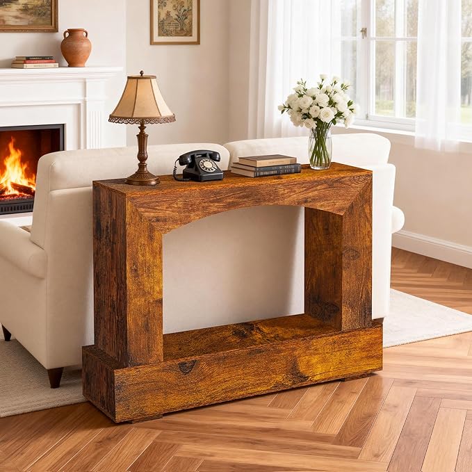 46 Inch Entryway Table U-Shaped, Wooden Console Table with Socket Farmhouse Sofa Table for Entrance, Hallway, Living Room,Behind Couch(Rustic Brown)