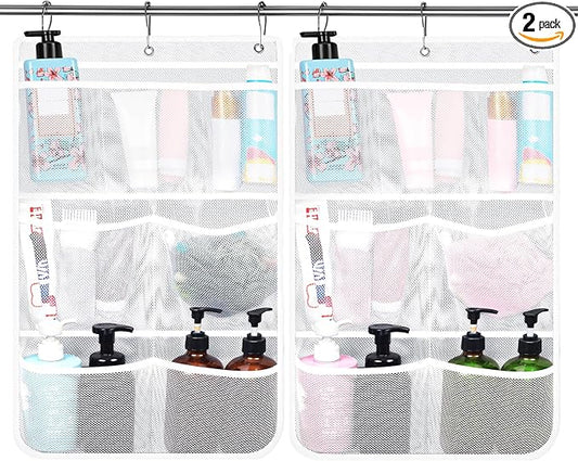 2 Pack Mesh Shower Hanging Caddy, 7 Pockets Hanging Shower Organizer with Metal Loop, Portable Bathroom Bag for Shampoo, Body Wash, Soap, and Cruise Ship Essentials