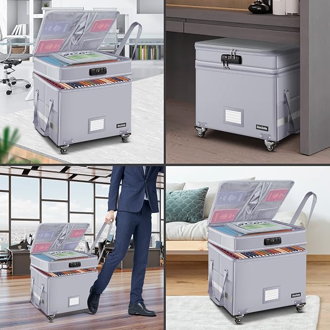 DocSafe Fireproof Document Box with Lock,2-Layer File Box with Wheels,Collapsible File Storage Organizer with Pockets,Large Portable Home Office Filing Cabinet Safe for Hanging Folders,Silver