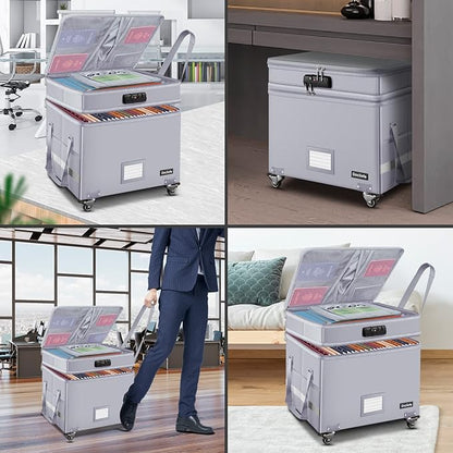 DocSafe Fireproof Document Box with Lock,2-Layer File Box with Wheels,Collapsible File Storage Organizer with Pockets,Large Portable Home Office Filing Cabinet Safe for Hanging Folders,Silver