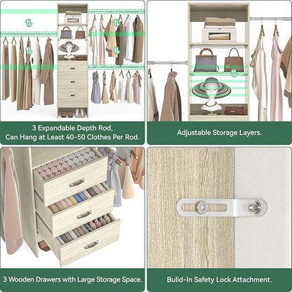 96'' Closet Organizer System with 3 Hanging Rods, 8FT Closet Organizers and Storage with 3 Wooden Drawers, Built in Closet Organizer Systems, Adjustable Walk-in Wardrobe from 2-8FT, White Oak
