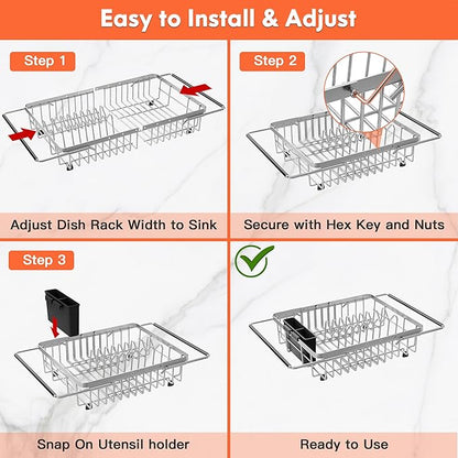 Small Expandable Over The Sink Dish Drainer Drying Rack In Stainless Steel Metal For Kitchen, Counter Space Saving Compact Above Plate Dryer Strainer, Adjustable Hanging Inside Sink Wire Drain Holder