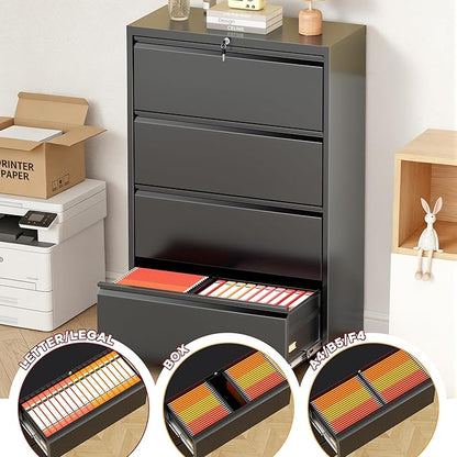 Bonusall File Cabinet, Lateral Filing Cabinet, 4 Drawer Metal File Cabinet with Lock, Lockable Filing Cabinet for Home Office, Hanging Files Letter/Legal/A4/F4 - Black