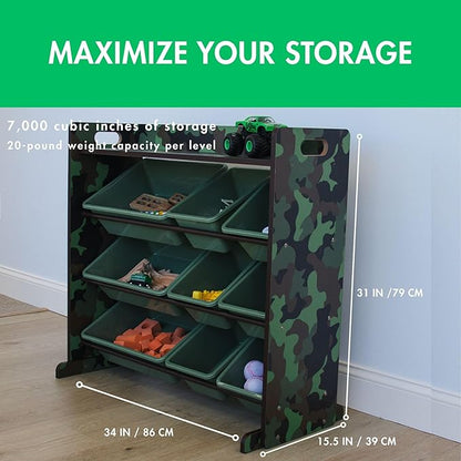 Humble Crew Toy Storage Organizer with Top Shelf and 9 Removable Bins, Camo/Army Green – Toddler Bookshelf with Toy Organizer - Modern Toy Rack Ideal for Kids' Rooms, Playrooms, and Nurseries