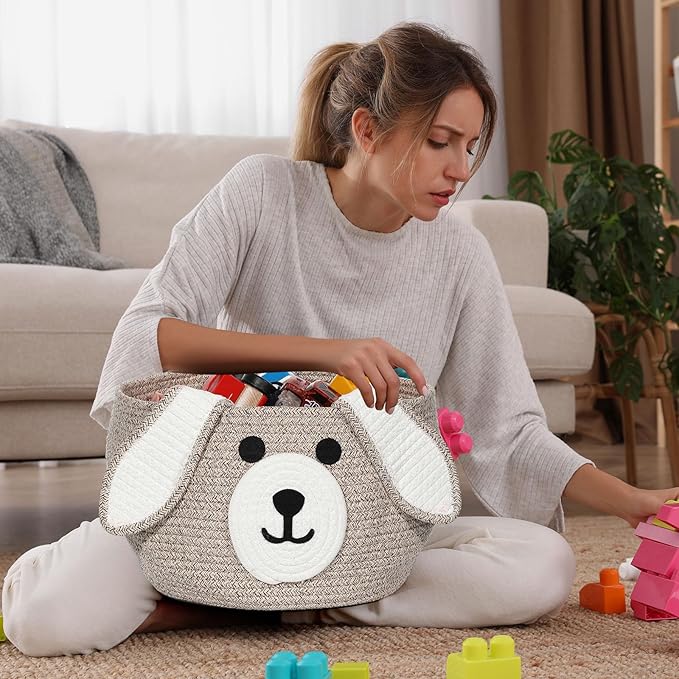 Zopeal Dog Woven Basket Cute Woven Cotton Rope Puppy Animal Storage Basket for Laundry Toy Gift(Brown, White,13 x 8 Inch)