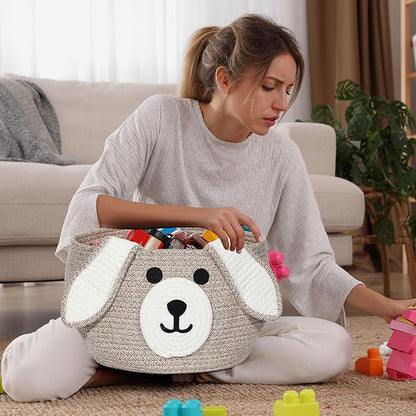 Zopeal Dog Woven Basket Cute Woven Cotton Rope Puppy Animal Storage Basket for Laundry Toy Gift(Brown, White,13 x 8 Inch)