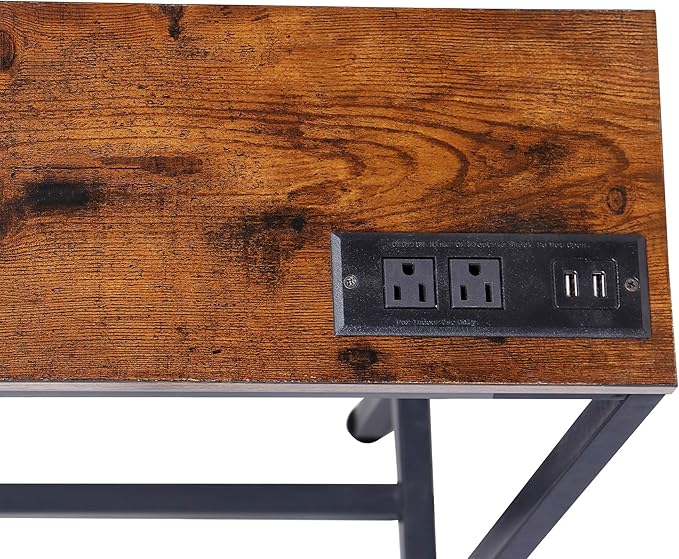 Nouva 70 Inch Narrow Console Table with Outlet, Sofa Table with Charging Station, Behind Couch Table with Metal Frame for Living Room, Rustic Brown