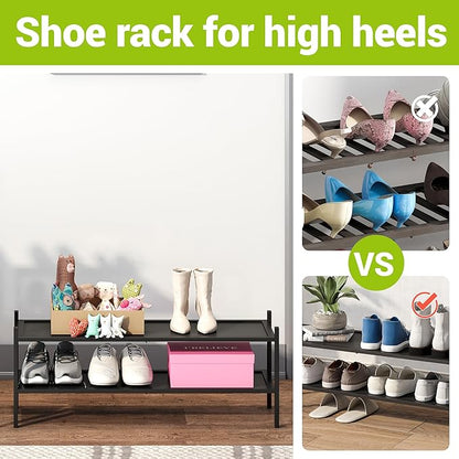 BMOSU 2-Tier Bamboo Extended Shoe Rack Premium Stackable Shoe Shelf Storage Organizer for Hallway Closet Living Room Entryway Organizer(Black)