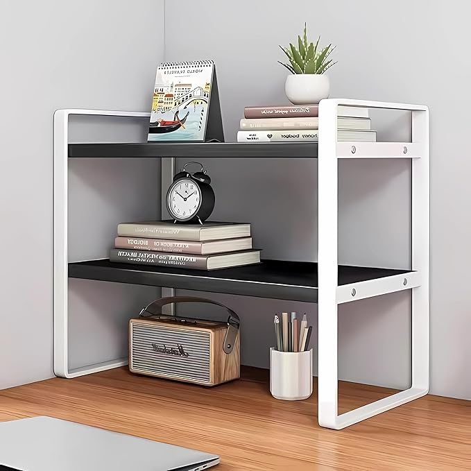 Hbluefat Desktop Organizer Shelf, 2-Tier Multipurpose Tabletop Storage Bookshelf, Small Wooden Countertop Storage Rack for Home Office Kitchen (Black+White)