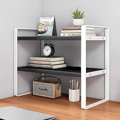 Hbluefat Desktop Organizer Shelf, 2-Tier Multipurpose Tabletop Storage Bookshelf, Small Wooden Countertop Storage Rack for Home Office Kitchen (Black+White)