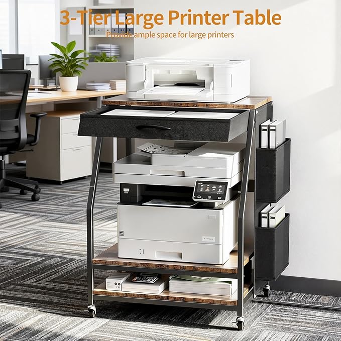 Housolution 22.05" x 18.9" Large Printer Stand with Storage, 3 Tier Printer Table with Fabric Drawer & Charging Station, Heavy Duty Home Office Rolling Stand for Scanner, Fax, Paper Shredder