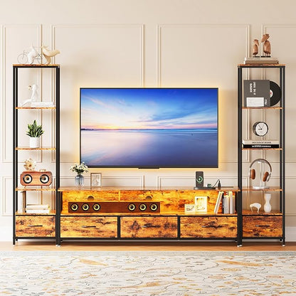 GarveeHome Entertainment Center, with 5 Fabric Drawer & 2 Bookshelf, TV Console Table with Shelf, LED & Power Outlets, for Home Office