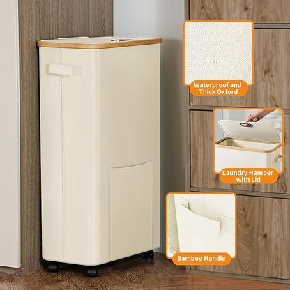 Laundry Basket with Wheels, Dirty Clothes Hamper on Wheels, Rolling Tall Laundry Hamper with lid for Laundry Room, Dorm and Bathroom, 75L Beige