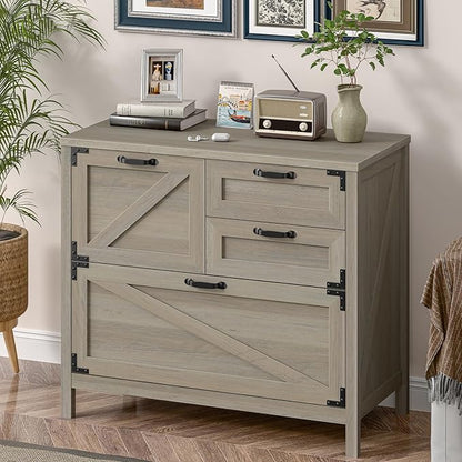 Wood Lateral File Cabinet with 4-Drawer for Hanging Files Letter/A4/Legal Size, Large Farmhouse Filing Cabinets for Home Office, Printer Stand with Office Cabinet, Office Furniture, Rustic Grey