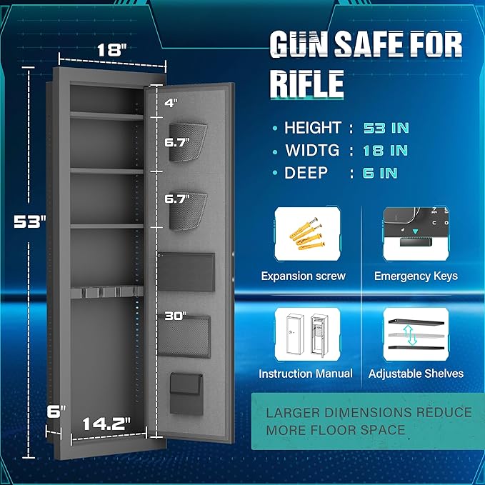 Greenvelly 53" Wall Gun Safe,Gun Safes for Rifles and Pistols with Biometric Fingerprint Lockable Door, 4 Rifle Safe with 3 Removable Shelves for Home Office, Bedroom,Livingroom(Black)
