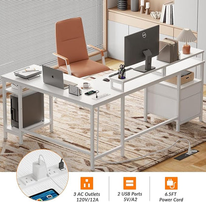 Furologee 66” L Shaped Desk with Power Outlet, Reversible Computer Gaming Desk with File Drawer & 2 Monitor Stands for Home Office with Storage Shelves, White