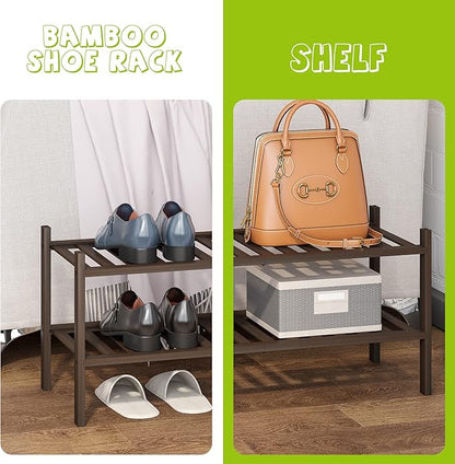 BMOSU 2-Tier Bamboo Shoe Rack Premium Stackable Shoe Shelf Storage Organizer for Hallway Closet Living Room Entryway Organizer (Brown Bamboo)