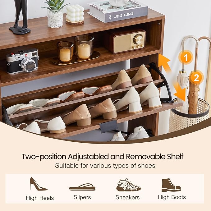 Fluted Shoe Cabinet with 2 Flip Drawers, Slim Freestanding Hidden Shoe Cabinet Organizer, Narrow Shoes Storage Rack for Entryway (All Walnut-2 Drawers, 9.45" D x 31.5" W x 41.93" H)