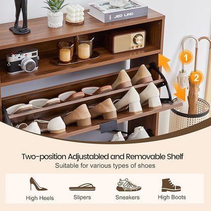 Fluted Shoe Cabinet with 2 Flip Drawers, Slim Freestanding Hidden Shoe Cabinet Organizer, Narrow Shoes Storage Rack for Entryway (All Walnut-2 Drawers, 9.45" D x 31.5" W x 41.93" H)