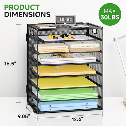 2 Pack 8 Tier Paper Organizer with Handle, Metal Mesh Desk File Organizer, Large Capacity Desk Organizers Paper Letter Tray Desktop Document Sorter for Office, Home or School - Black