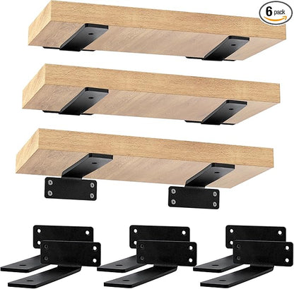CONNOO 6 Pack Heavy Duty Thick Shelf L Brackets, 8 Inch Floating Hidden Shelf T Brackets, Metal Black L Brackets for Shelves Support DIY, Modern Iron Finish(1/5")