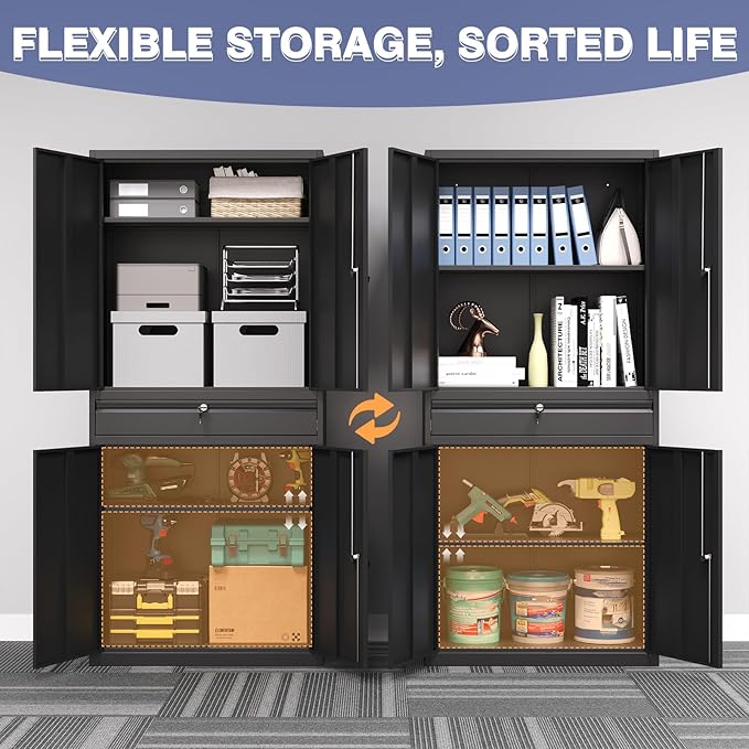 Metal Storage Cabinet with Drawer, Garage Storage Cabinet with Locking Doors and Adjustable Shelves for Garage, Home Office,Warehouse (Black)