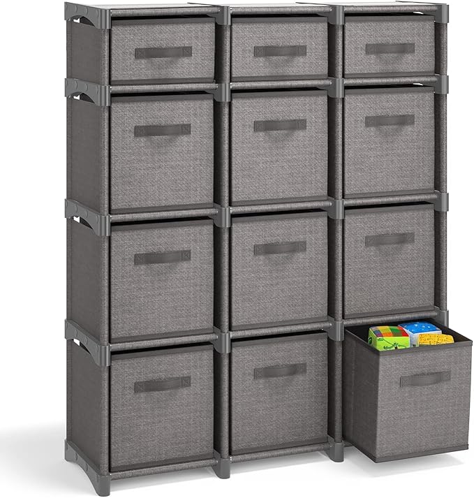 12 Cube Storage Organizer - Gray Cube Shelf Organizer, DIY Storage Cubes Organizer Shelves with Fabric Storage Cubes, Sturdy Cubbies Storage Shelves, Cube Storage Shelf for Bedroom, Playroom and More