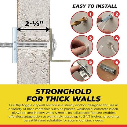 1/4”-20 Quick Easy Heavy Duty Toggle Anchors with Bolts - Hollow Wall Anchors with Steel Wings, Adjustable Up to 2 1/2" Thick Wall, Holds Up to 1080 Lbs, Heavy Duty Drill Bit Included (12 Pack)