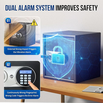BlackSmith Biometric Safe Box 1.5 Cub Home Security Safe Fingerprint Recognition Money Safe with Keys Keypad Lock Box Secure Jewelry Valuables with Dual Alarm System Fireproof Bag, Black