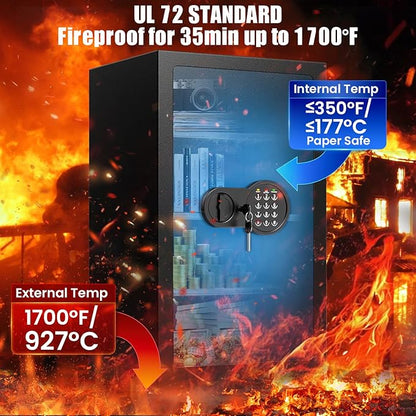 35Min Fireproof Safe, 6.5 Cubic Feet Home Safe Box with 3-Removable Shelf, Fire Safe with Digital Keypad, Smart Alarm and Silent Mode, Fire Proof Safe for Home Documents and Office