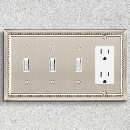 Henne Bery Sunken Pearls Heavy Duty Decorative Wall Plate Switch Plate Outlet Cover (Triple Toggle/Single Decorator, Satin Nickel)