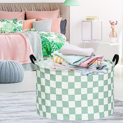 Sage Checkered Storage Basket Extra Large 80L Kids Hamper Baby Laundry Basket Waterproof Toys Car Organizer Collapsible Canvas for Home/Dorm/Pet/Office/Closet/Shelf/Gift Baskets