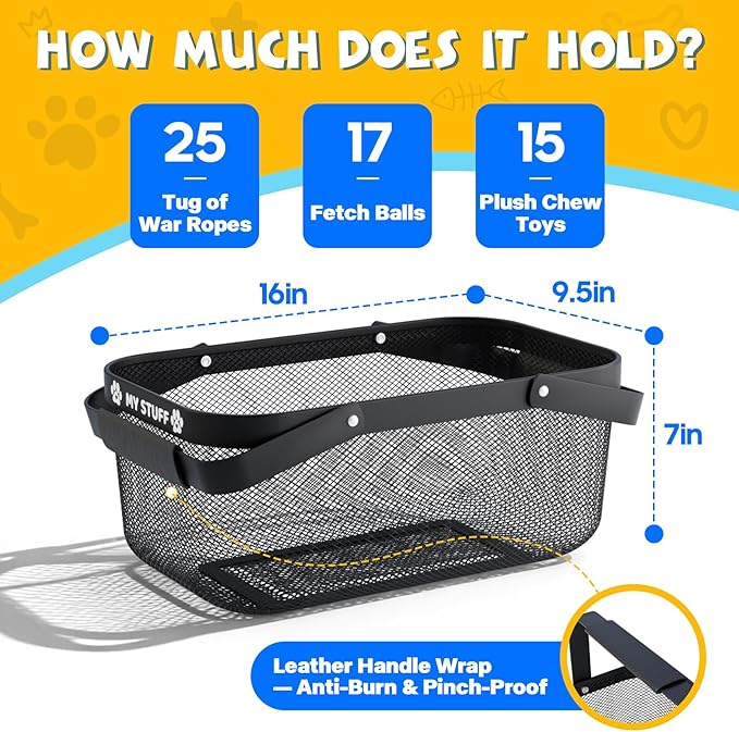 Metal Dog Toy Basket: Pet Toy Box Storage Bin for Living Room Area, Mesh Design and Sturdy 16 (L) x 9.5 (W) x 7 (H) inches