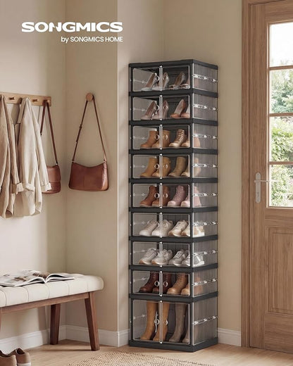 SONGMICS Foldable Shoe Storage Organizer for Closet, Stackable Sneaker Cabinet with Magnetic Door, Large Plastic Container Bins for Entryway, 9-Tier for 18 Pairs, Transparent and Ink Black ULSP918BH01