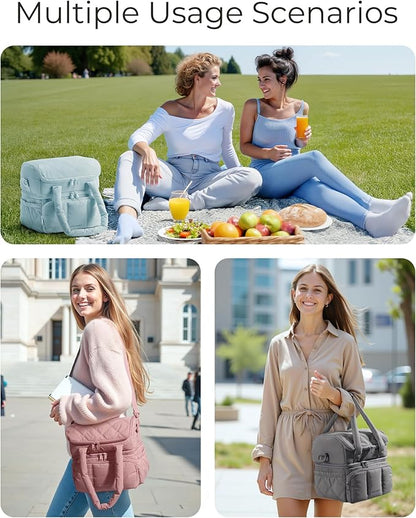 BAGSMART Lunch Bag Women, Double Deck Insulated Lunch Box, Quilted Puffer Lunch Tote, Leakproof, Durable & Reusable Large Lunch Cooler For Work Picnic Travel Meal Prep, Pink