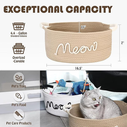 Sea Team Cat Toy Storage Basket with Handles, 16.5 x 11 x 7 Inches, 4.4 Gallons Large Cotton Rope Storage Bin, Shelf Basket, Organizer for Pet Chew Toys, Foods, Beige Meow