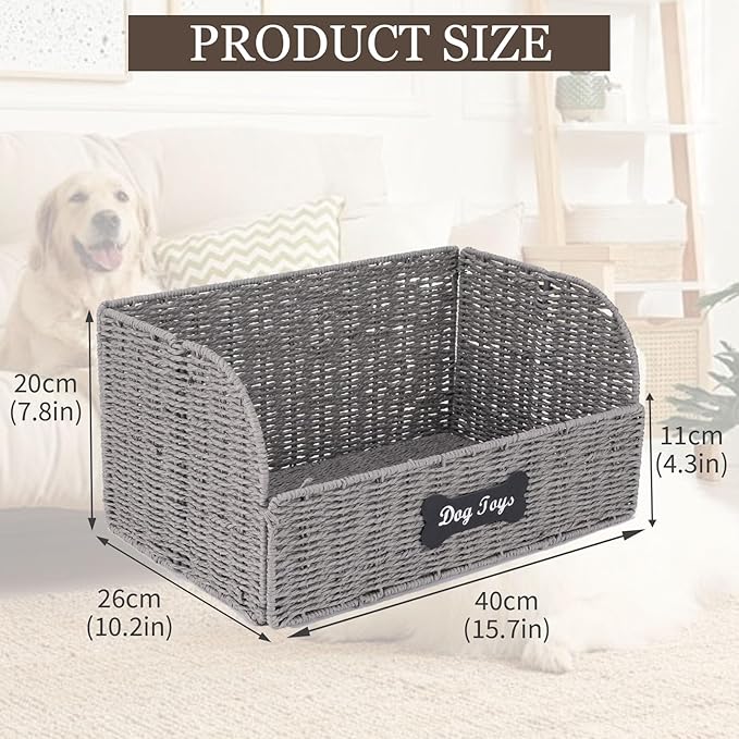 Dog Toy Basket Large Foldable Portable Rattan Dog Toy Storage Organizer for Living Room Bedroom Entryway Floor Corner Pet Toys Basket with Label, Dogs Toys Bin for Cats, Dogs and Pets-Grey