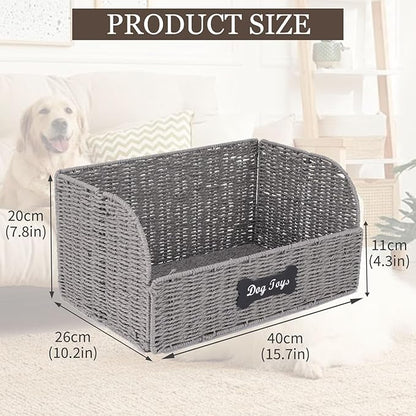 Dog Toy Basket Large Foldable Portable Rattan Dog Toy Storage Organizer for Living Room Bedroom Entryway Floor Corner Pet Toys Basket with Label, Dogs Toys Bin for Cats, Dogs and Pets-Grey