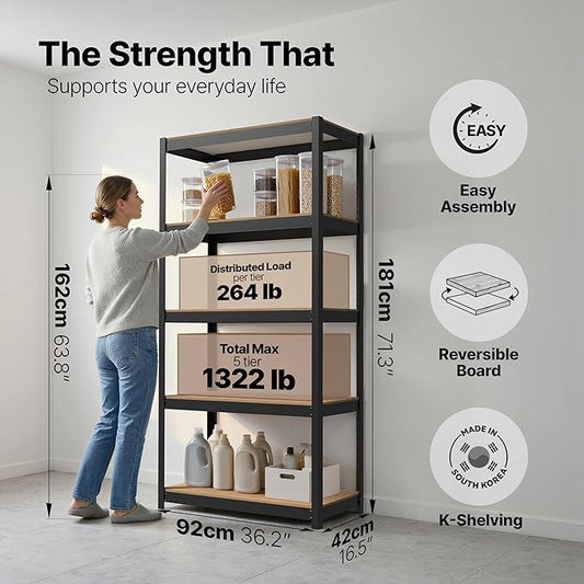 HOMEDANT House 5 Tier Heavy Duty Garage Shelving Adjustable Metal Rack Storage Shelves Standing Shelf Unit Organizers Pantry Closet Office (2, Black, 36.2" W x 16.2" D)