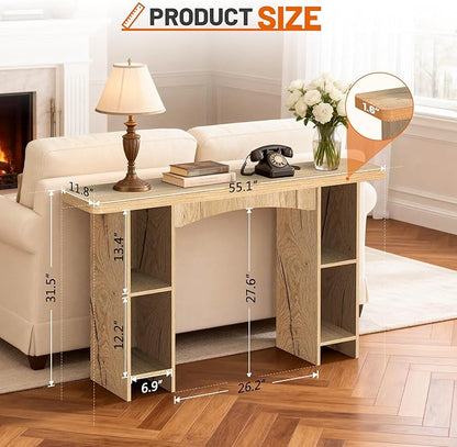 55 Inch Entryway Table Single-Shelf Cabinet, 1.6 Inch Thick Desktop Wooden Console Table with Socket Farmhouse Sofa Table for Entrance, Hallway, Living Room,Behind Couch(Natural Brown)