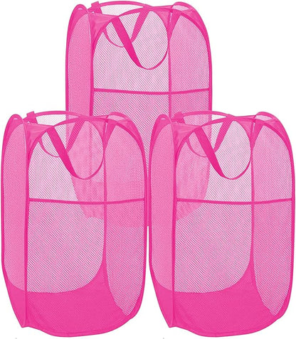 BATTOO Deluxe Strong Mesh Pop up Laundry Hamper Basket with Side Pocket for Laundry Room, Bathroom, Kids Room, College Dorm or Travel 3 Pack Blush