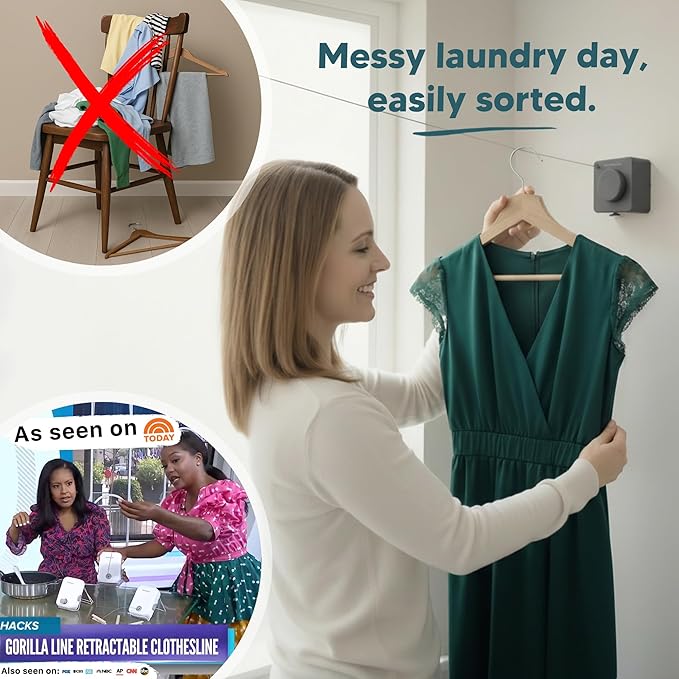 GorillaLine Basic - Retractable Clothesline Indoor Outdoor Clothes Line - Non-Sagging Heavy Duty Clothes Drying Laundry Line - Wall Mounted Drying Rack - Air Dry Clothing - Tighten with GorillaGrip