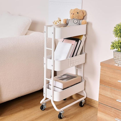 MAX Houser Slim 3-Tier Rolling Utility Cart, Narrow Metal Bathroom Storage Multifunctional Organizer Carts with Wheels with Extra Hook, Laundry Room,Kitchen,Small Space(White)
