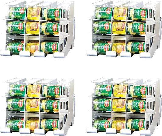 FIFO Can Tracker 4-Pack - 3-Tier Rotating Food Can Organizer for Pantry, Expandable Soda Can Storage for Kitchen, Holds 54 Cans of Food or Soda