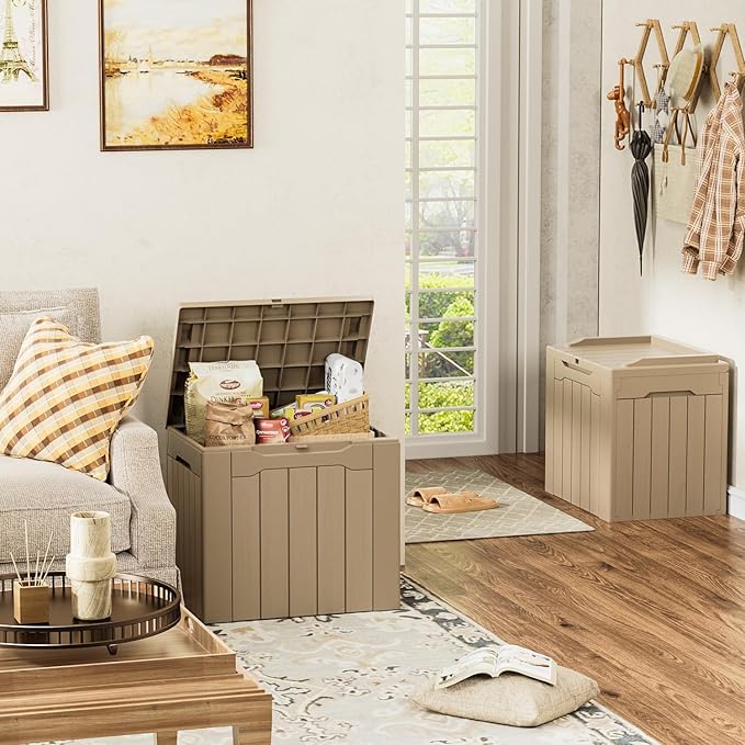 YESHOMY 30 Gal Plastic Storage Bins with Lid Stackable Box Organizers for Living Room, Office, Dorm, 1 Pack, Light Brown