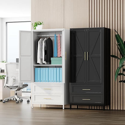 Aobabo Metal Wardrobe Cabinet with 2 Drawer, 71" H Metal Armoire Wardrobe Closet with Adjustable Shelf and Hanging Rod for Home, Laundry Room, Office, Installation Required, White
