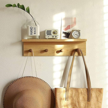 Entrance Coat Rack ，Coat Hooks, Wall-Mounted Wooden Hook Rack, Wall-Mounted Shelves are Very Suitable (Oak Colored Finish—A-1)